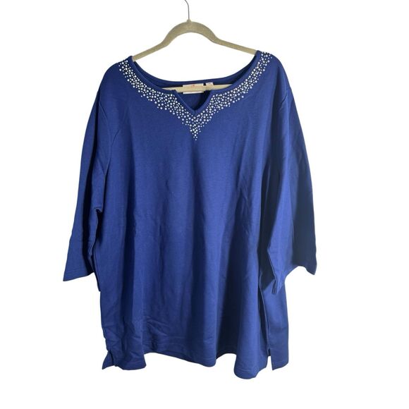 Quacker Factory Womens Notched Neck Embellished 3/4 Sleeve Tunic Top Blue 3X - Picture 1 of 10